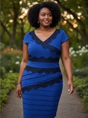 dressbarn Royal Blue V-Neck Lace Accent Midi Dress